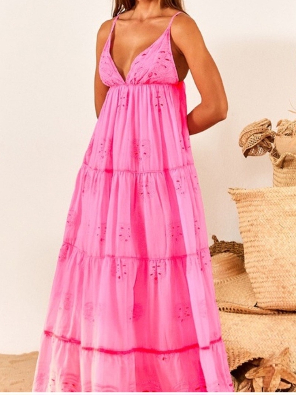 FARM Rio Pink Eyelet Tiered Maxi Dress